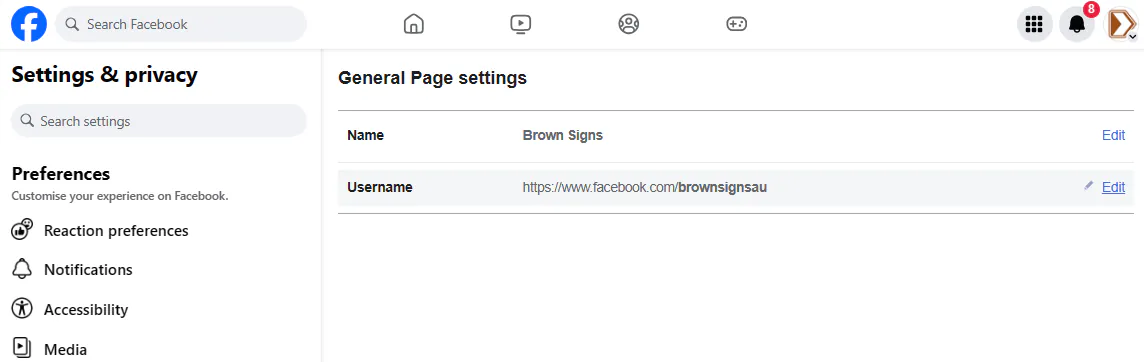 Facebook Page Settings page