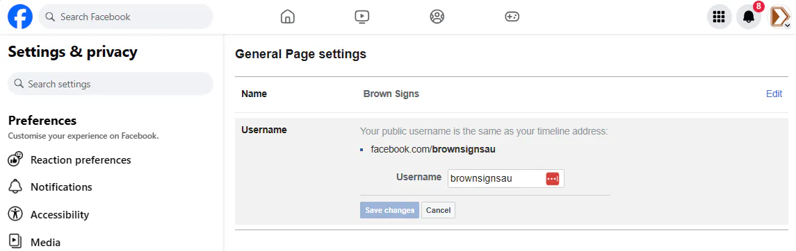 Facebook Page Settings Username Edit